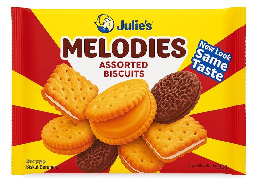 Julie's Melodies Assorted Sandwich Biscuits - Peanut Butter, Cheese, Chocolate, Le-mond Lemon Flavoured Cream Puff Sandwiches, 210g (Imported)