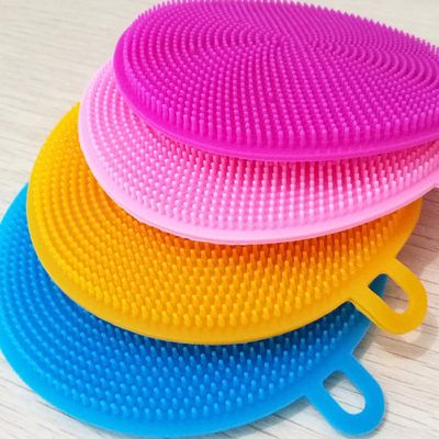 BIPLOJIT Silicone Washing Sponge Antibacterial Dish Scrubber Fruit and Vegetable Washing Brush Round Scrubber Pad Multipurpose Silicone Dishwashing Tools for Kitchen(2 psc)