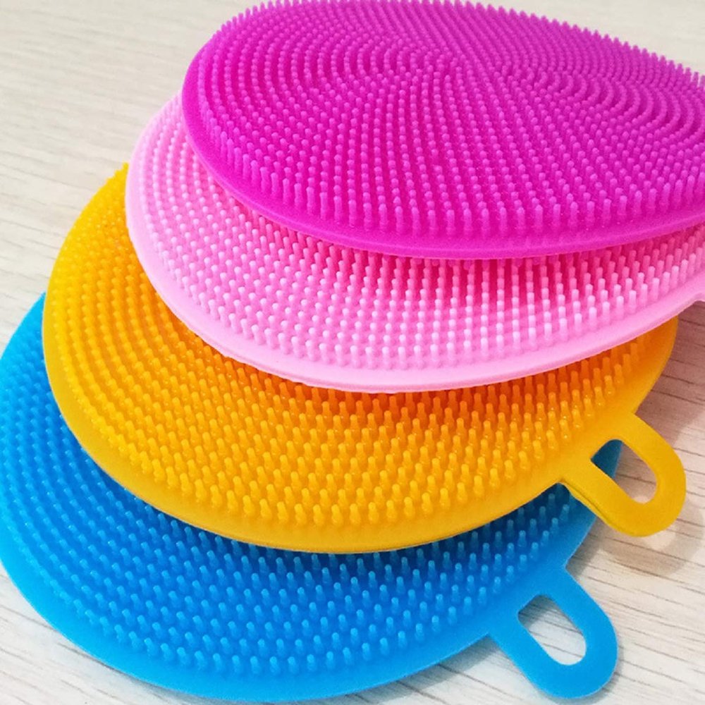 BIPLOJIT Silicone Washing Sponge Antibacterial Dish Scrubber Fruit and Vegetable Washing Brush Round Scrubber Pad Multipurpose Silicone Dishwashing Tools for Kitchen(2 psc)