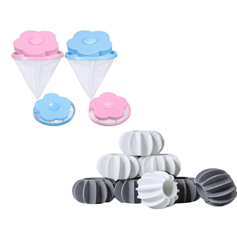 2 Pcs Washing Machine Floating Lint Mesh Bags And 10 Pcs Reusable Silicorn Laundry Dryer Balls Set- Hair Catcher, Lint Trap, And Eco-Friendly Dryer Balls (Style 3)