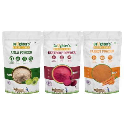 Daughters Organic Farm Amla, Beetroot & Carrot Powder Combo | 100g Each | 100% Pure, Organic & Preservative-Free | Natural Health & Beauty Booster Superfoods