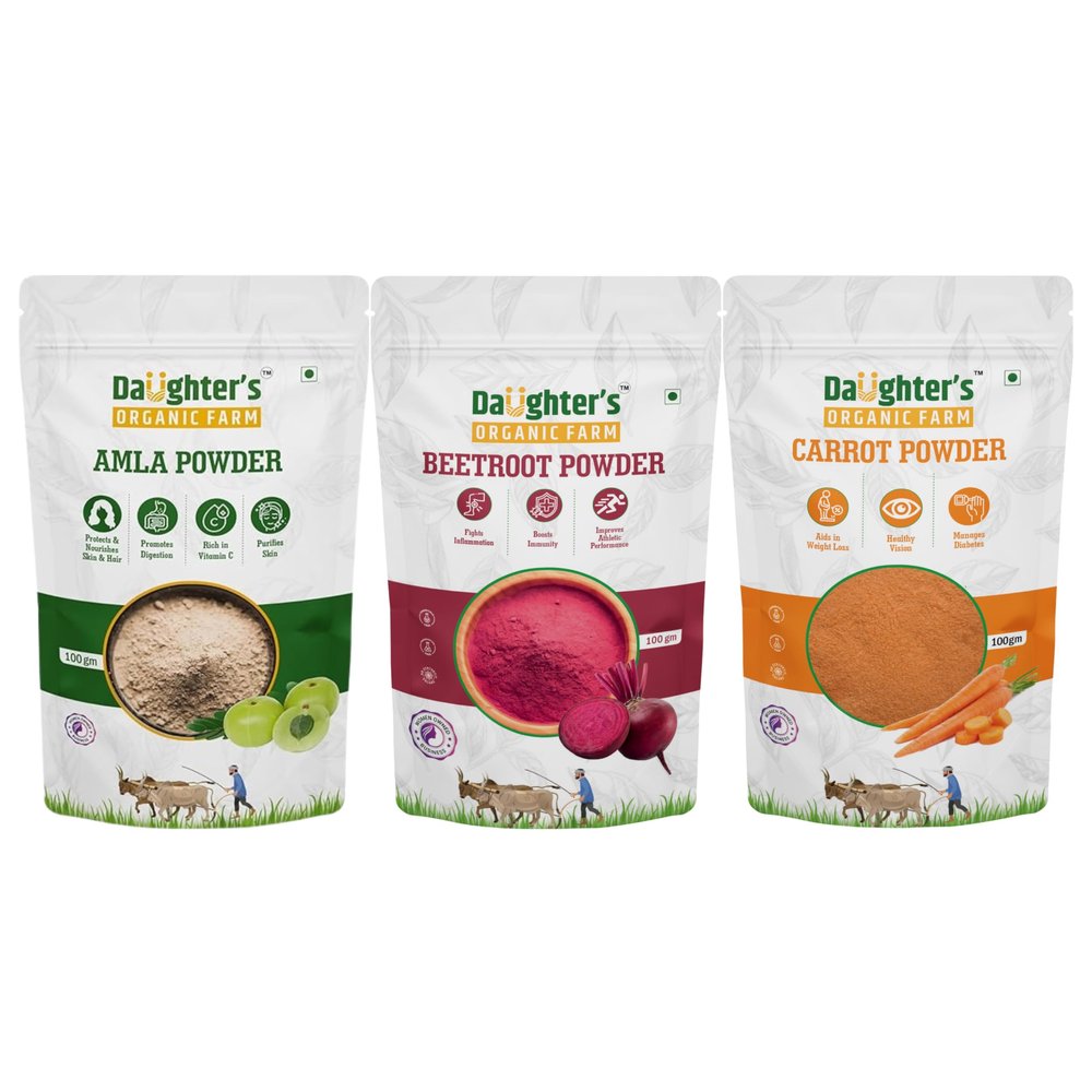 Daughters Organic Farm Amla, Beetroot & Carrot Powder Combo | 100g Each | 100% Pure, Organic & Preservative-Free | Natural Health & Beauty Booster Superfoods