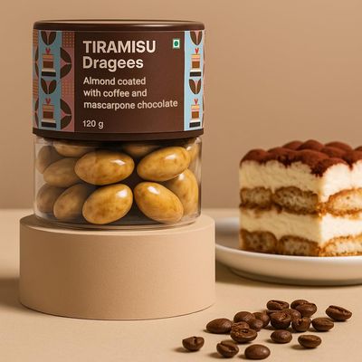 Entisi Nutties Chocolates - Tiramisu Dragees Jar - Coffee & Chocolate Coated Almonds - Dessert Inspired Treat - Gift Jar, Ideal for Gifting, Celebrations & Everyday Treats 120g