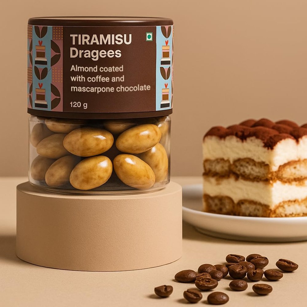 Entisi Nutties Chocolates - Tiramisu Dragees Jar - Coffee & Chocolate Coated Almonds - Dessert Inspired Treat - Gift Jar, Ideal for Gifting, Celebrations & Everyday Treats 120g