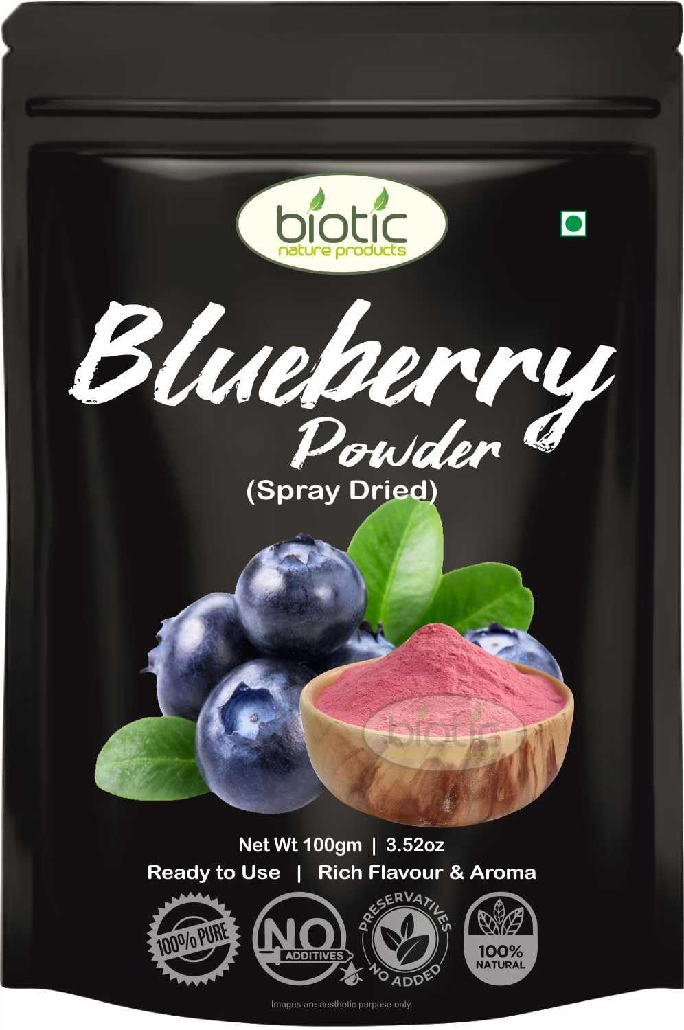 Biotic Natural Spray Dried Blueberry Powder for Milkshake Juice Cake - Blue Berry Powder Organic without Sugar - Fruit Powders for Drink 100gm