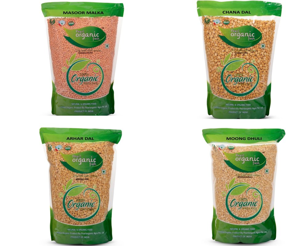 Pearl Organic Fresh Organic Dal (Combo Pack, 500gm  4) | Masoor Malka, Chana Dal, Arhar Dal, Moong Dhuli | 100% Pure & Natural Pulses | Protein-Rich | Premium Organic Dals for Daily Cooking |