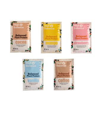 WellBalance Nutrition Balanced Plant Protein Multi Flavour Trial Pack | 5 Flavours (Cocoa, Vanilla, Coffee, Mango, Strawberry) | Vegan, Gut-Friendly, No Added Sugar | Pack of 5 Single Serve Sachets