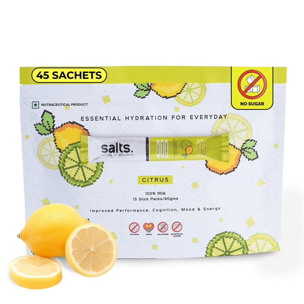 Salts Citrus Electrolyte Drink Mix | Rapid Rehydration | 45 Sachet Pack = 22.5 Litres | Keto & Vegan Friendly | No Preservatives | Sodium, Potassium, Magnesium | Zero Sugar Hydration Powder |