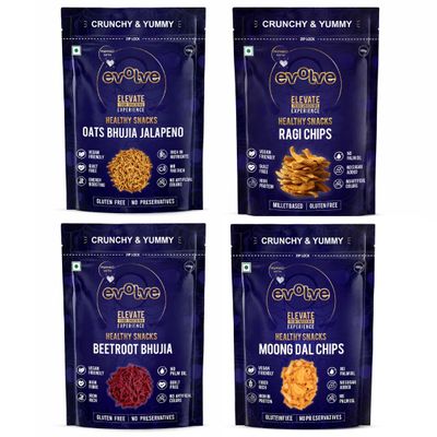 Evolve Millet Combo | Ragi, Moong Dal Chips, Beetroot Bhujia & Oats Bhujia | Crunchy Oven-Healthy Snack Trio Made With Millets, Grains & Veggies, Wholesome & Tasty Munchies | 220g (55g Each,Pack Of 4)