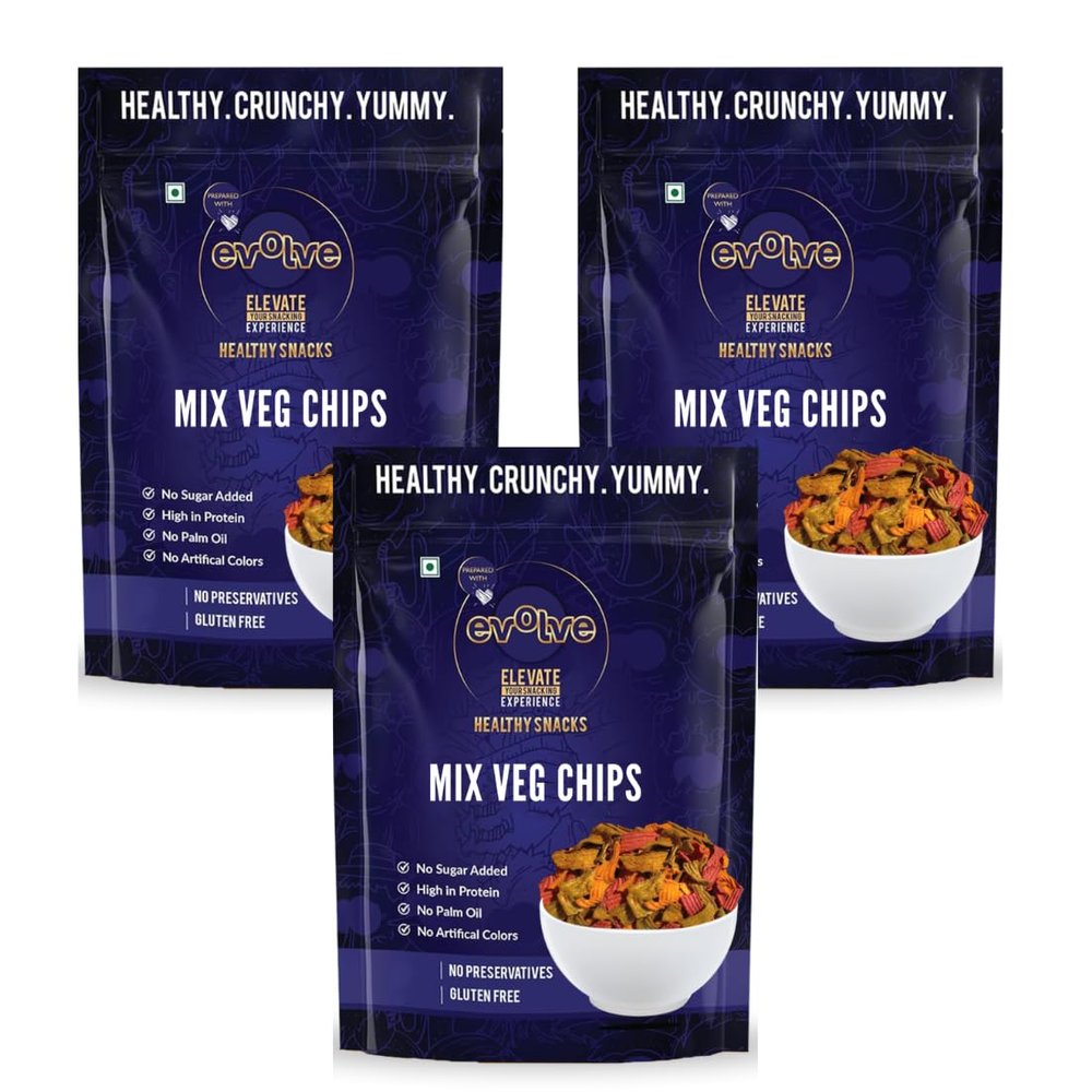 Evolve Mixed Veg Chips | Combo of Spinach, Carrot & Beetroot Chips | Wholesome Mixed Vegetable Snack, Natural Ingredients, No Palm Oil, Healthy Snacks for Kids | 195g (65g x 3 Packs)