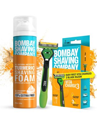 Bombay Shaving Company Vita Charge 3 Razor and Turmeric Shaving Foam Combo | Shaving Razor for Men | Vitamin E Infused Lubra Strip | | Pivot Head for Smooth Glide
