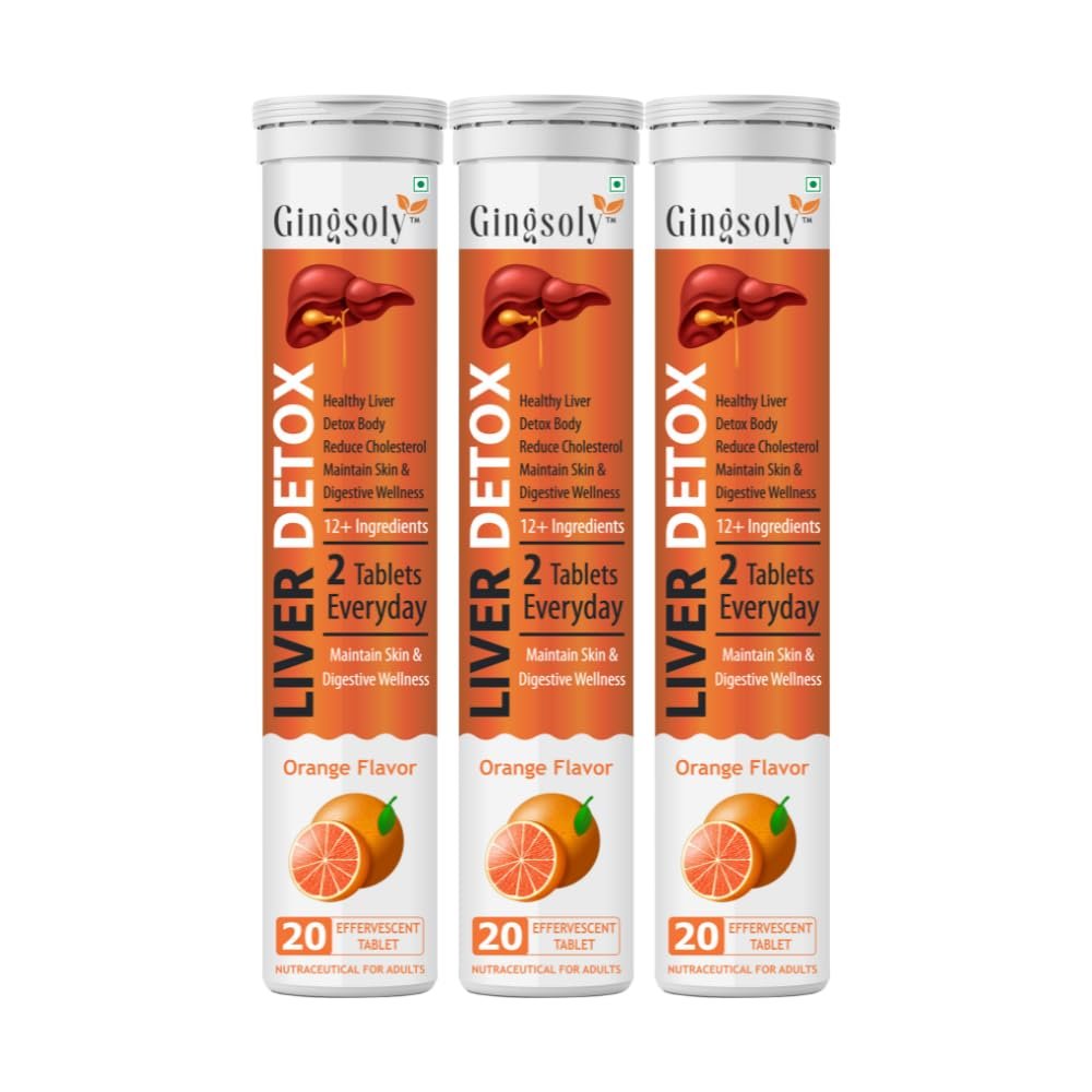 Gingsoly Liver Detox Effervescent Tablets | Buy 2 Get 1 Free | Milk Thistle, Dandelion & Turmeric | Orange Flavor | Supports Liver Health, Digestion & Skin Wellness | 60 Effervescent Tablets