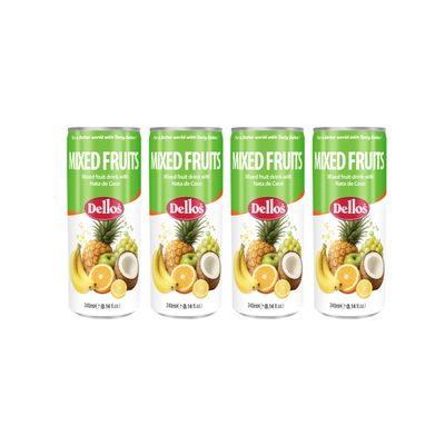 Dellos Mixed Fruits Drink with Nata de Coco, Tropical Fruit Blend, Orange, Mango, Passion Fruit, Guava, Banana, 240ml Can, Pack of 4