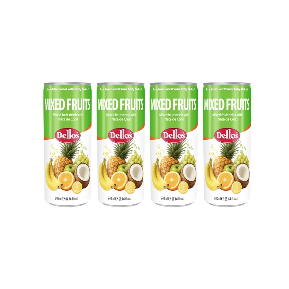 Dellos Mixed Fruits Drink with Nata de Coco, Tropical Fruit Blend, Orange, Mango, Passion Fruit, Guava, Banana, 240ml Can, Pack of 4