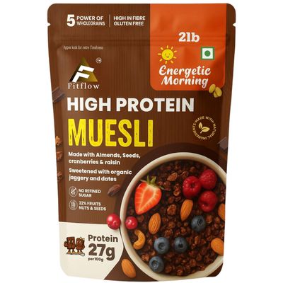 Fitflow High Protein Chocolate Muesli (27g/100g) | Gluten Free, 0% Refined Sugar, Instant Cold Cereal with Whey Protein & Super Seeds | 2LB