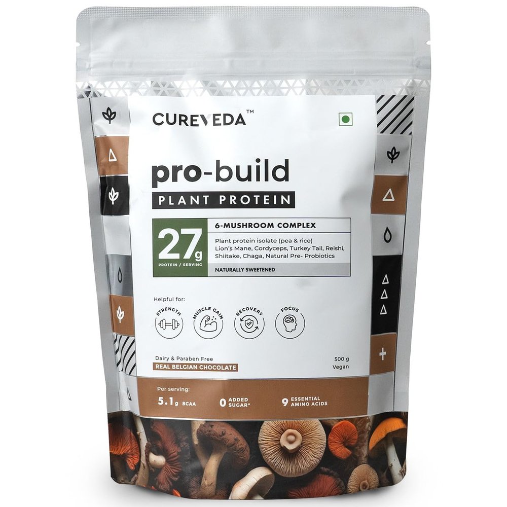 Cureveda Pro-Build Plant Protein Powder | 27g Vegan Protein + 6 Mushrooms | 5.1g BCAA & Digestive Enzymes | Cordyceps, Lions Mane, Reishi, Chaga, Shiitake, Turkey Tail | Chocolate | 500g