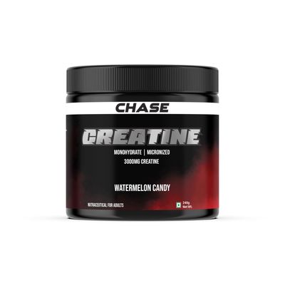 Chase Micronized Creatine Monohydrate Powder (240gm, 60 Servings) | 4g per Scoop of Creatine Mono hydrate | Pre/Post Workout Supplement for Muscle, Strength & Energy | Watermelon Candy Flavoured