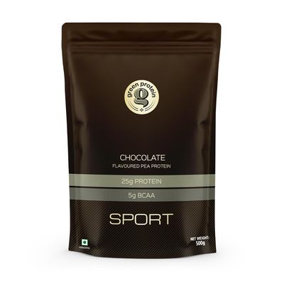 GREEN PROTEIN Sport Vegan Plant Pea Protein Isolate Powder, 25gm Protein, 5g BCAA Per Serving, No Added Sugar | Soy Free, Dairy Free, Gluten Free, Allergen Free, Chocolate Flavor, 500g