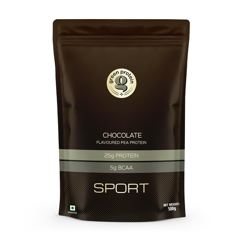 GREEN PROTEIN Sport Vegan Plant Pea Protein Isolate Powder, 25gm Protein, 5g BCAA Per Serving, No Added Sugar | Soy Free, Dairy Free, Gluten Free, Allergen Free, Chocolate Flavor, 500g