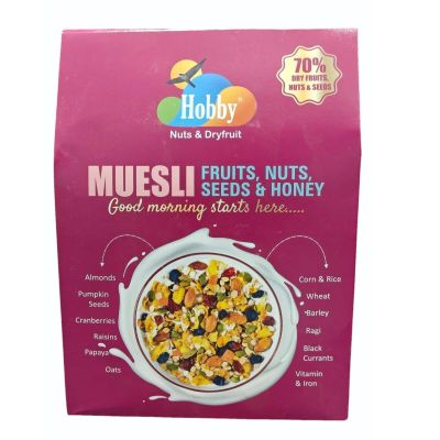 Hobby Muesli Fruits, Nuts & Seeds with Honey (500g) | 12-in-1 Power Breakfast Crunchy Millets | High Protein Muesli | No Added Sugar | Healthy Breakfast Cereal | 70% Dry Fruits, Nuts & Seeds