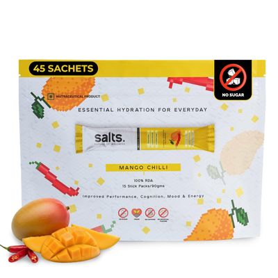 Salts Mango Chilli Electrolyte Drink Mix | Rapid Rehydration | 45 Sachet Pack = 22.5 Litres | Keto & Vegan Friendly | No Preservatives | Sodium, Potassium, Magnesium | Zero Sugar Hydration Powder |