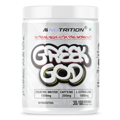 AI Nutrition Greek God Pre Workout | Extreme High Stim | 200mg Caffeine, 3000mg Beta-Alanine, 1000mg Citrulline, Black Pepper Extract | Explosive Energy & Focus | Watermelon -30 Servings