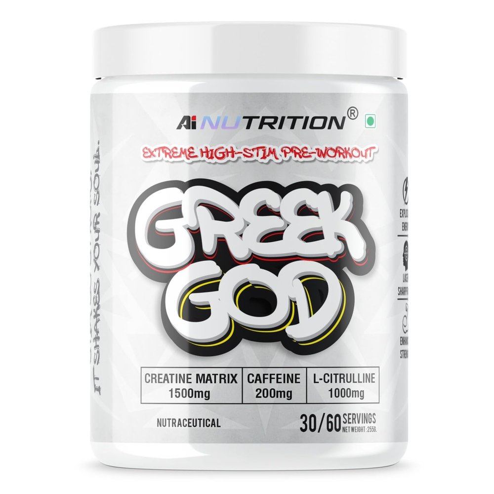 AI Nutrition Greek God Pre Workout | Extreme High Stim | 200mg Caffeine, 3000mg Beta-Alanine, 1000mg Citrulline, Black Pepper Extract | Explosive Energy & Focus | Watermelon -30 Servings