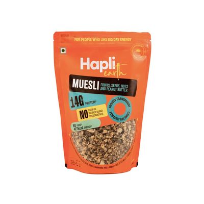 Hapli Earth Fruits-Nuts-Seeds + Peanut Butter Muesli 250g | No Refined Sugar | High Protein & Fiber | No Artificial Sweeteners or Added Flavours | Clean Label Healthy Breakfast Cereal | Pack of 1