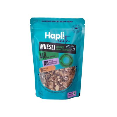 Hapli Earth Coconut-Cashew Muesli 250g | Real Coconut, Cashew & Almond Crunch | No Added Flavour, No Artificial Colour or Preservatives | High Fiber & Healthy Breakfast Cereal | Pack of 1