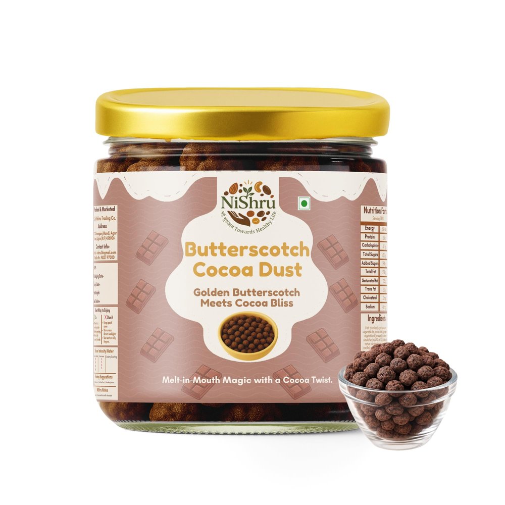 Nishru Butterscotch Cocoa Dust | Golden Butterscotch Meets Rich Cocoa Bliss | Sweet & Buttery Gourmet Snack with Cocoa Twist | Perfect for Gifting, Desserts & Coffee Moments (125 Gram)