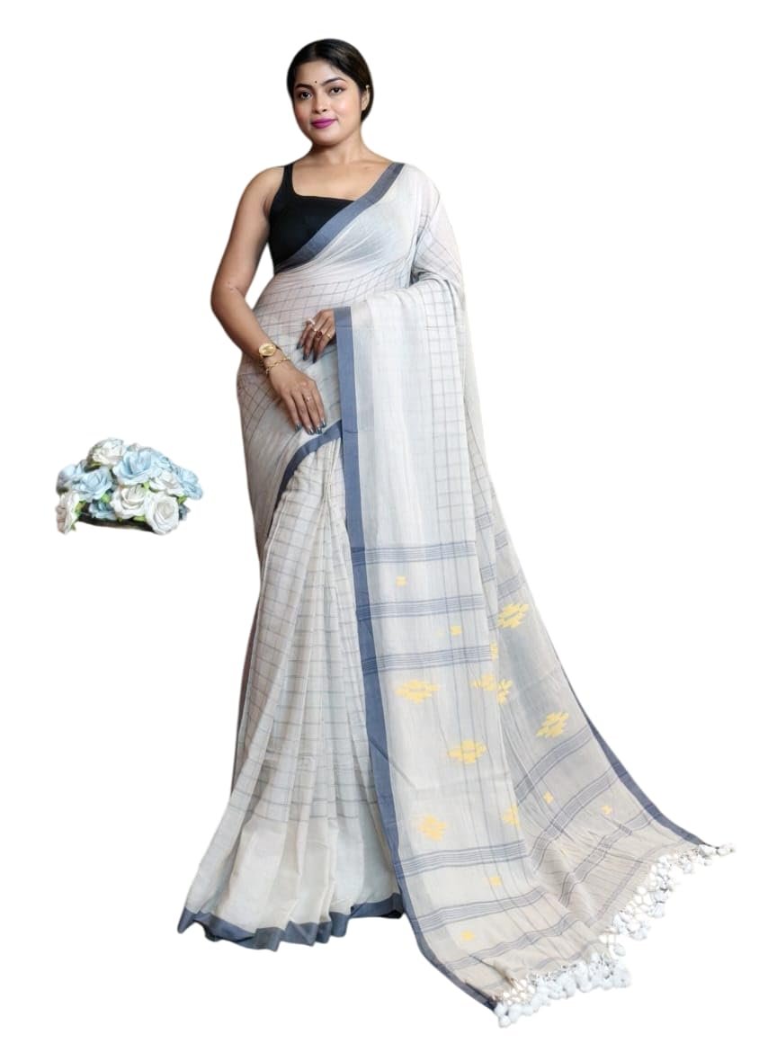 PASUM'S Women's Pure Cotton Silk Handloom Saree Handwoven Woven Patterned Design Tassel Pallu Checked Pattern Lime Soft Minimal Detailing Elegant for Daily use (Off White and Grey)