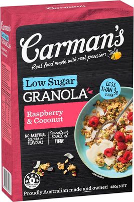 Carman's Low Sugar (Raspberry & Coconut). 100% Natural Ingredients. No Preservatives. No Artifical Color or Flavour. Made in Australia