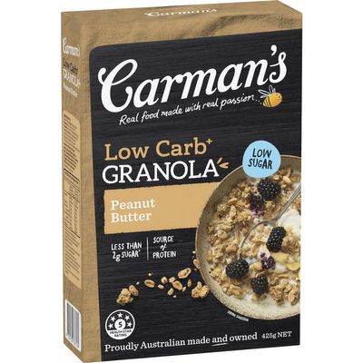Carman's Low Carb Granola (Peanut Butter). 100% Natural Ingredients. No Preservatives. No Artifical Color or Flavour. Made in Australia