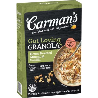 Carman's Gut Loving Granola (Honey Roasted Almond & Vanilla). 100% Natural Ingredients. No Preservatives. No Artifical Color or Flavour. Made in Australia