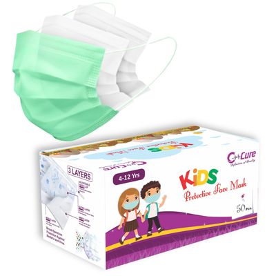 C-Cure Meltblown Fabric Kids 3 Ply Disposable Face Mask with Nose Clip for Boys & Girls, Suitable for Children Aged 5 to 12 Years for Unisex (Green, Pack of 50)