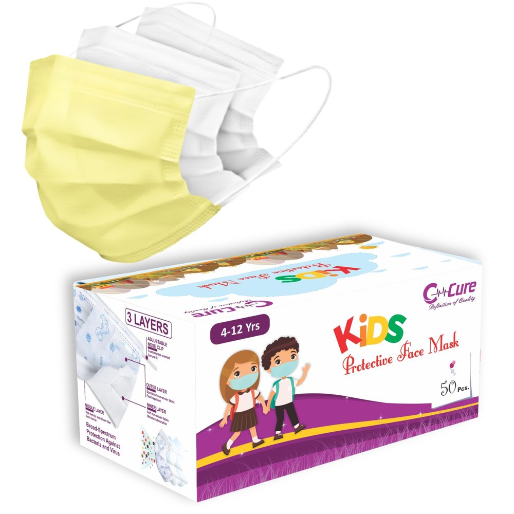 C-Cure Meltblown Fabric Kids 3 Ply Disposable Face Mask with Nose Clip for Boys & Girls, Suitable for Children Aged 5 to 12 Years for Unisex (Yellow, Pack of 100)