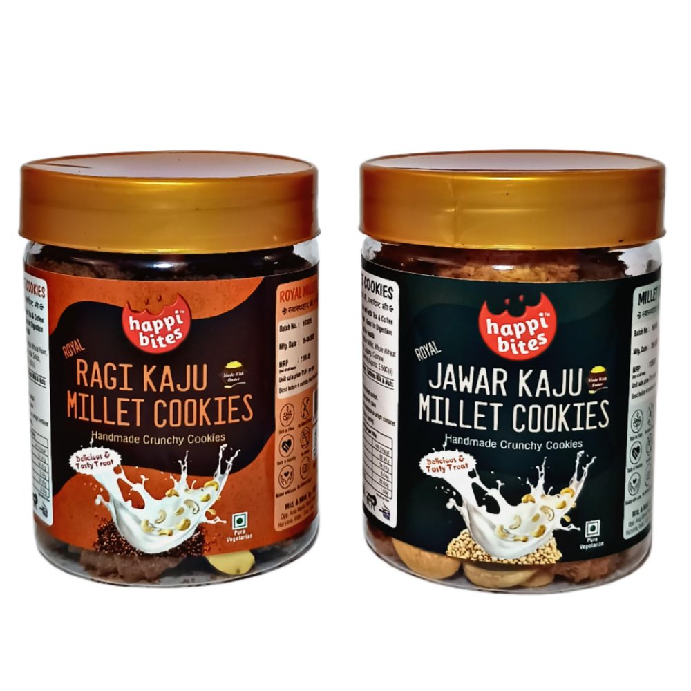 HappiBites Royal Millet Cookies Combo | Ragi Kaju & Jowar Kaju | Healthy Butter Cookies with Cashew & Jaggery | Zero Maida, Zero Refined Sugar or No Palm Oil | Nutritious Snack (2 x 150g)
