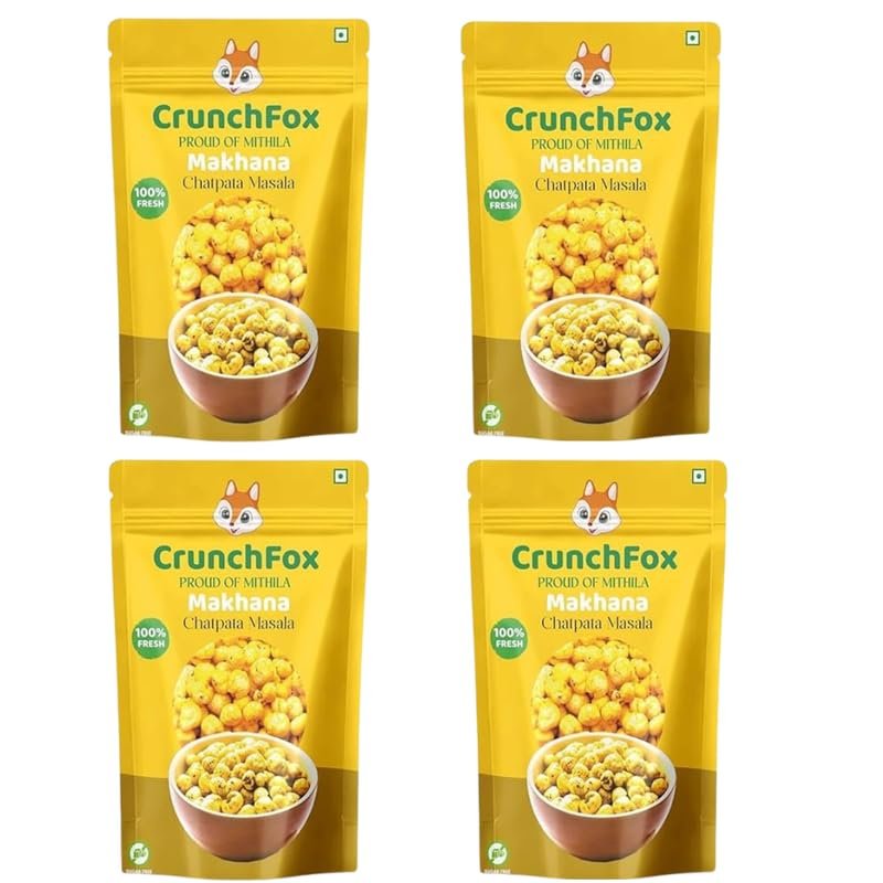 CrunchFox Makhana Chatpata Masala, Sugar Free, 100% Fresh, Roasted Crunchy Traditional Mithila Fox Nut Snack, Indian Spicy Snack for Tea-Time, Travel & Munching Each 60gm, Pack of -4