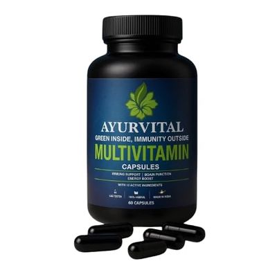 Ayurvital Multivitamin Capsules  100% Herbal Daily Supplement for Immunity Support, Energy Boost & Brain Function | With 10 Active Ingredients | Lab Tested | Made in India  60 Capsules