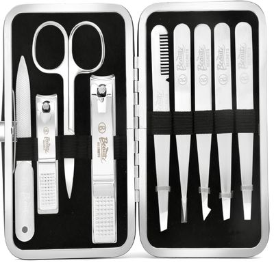 Beaut Secrets 9-in-1 Tweezers & Nail Cutter Set for Men & Women | Plucker for Hair Removal | Eyebrow Tweezers, Nail File, Scissors & Travel Case  Manicure Pedicure Grooming Set