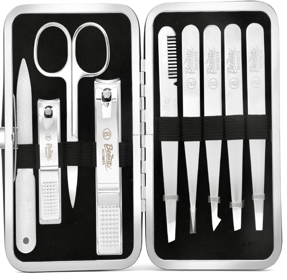 Beaut Secrets 9-in-1 Tweezers & Nail Cutter Set for Men & Women | Plucker for Hair Removal | Eyebrow Tweezers, Nail File, Scissors & Travel Case Manicure Pedicure Grooming Set