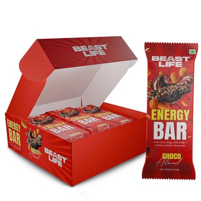 BeastLife Choco Almond Energy/Protein Bar | Multigrain Millet & Oats Energy Bar | 2.36g Protein per Bar | Rich Dark Chocolate with Roasted Almonds | 180g Pack
