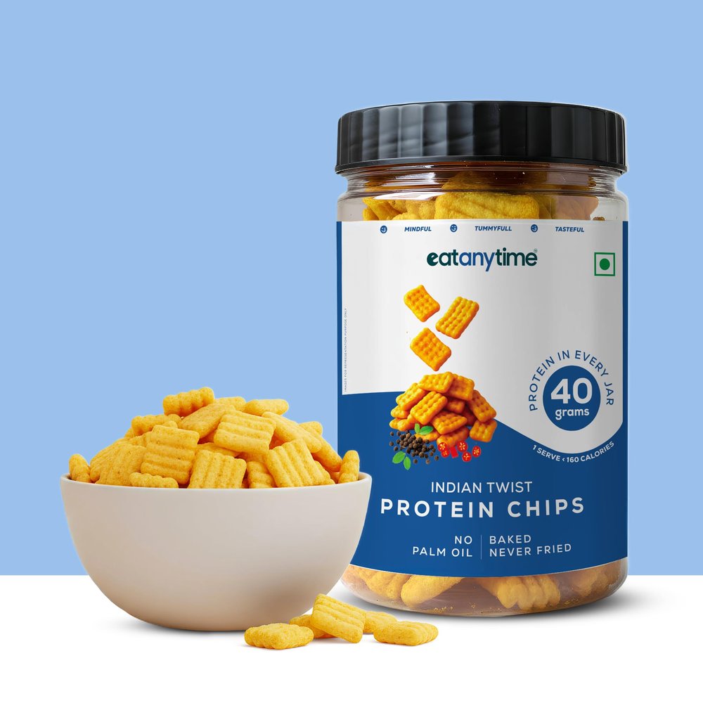 Eat Anytime - Multigrain Protein Chips, Indian Twist Masala | 40 g protein per pack | Baked - No Pailm Oil | High Protein, Low Calories (<160)