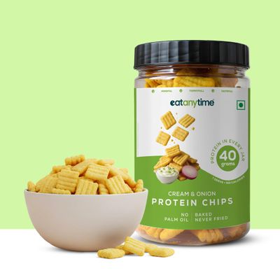 Eat Anytime - Multigrain Protein Chips, Cream N Onion | 40 g protein per pack | Baked - No Pailm Oil | High Protein, Low Calories (<160)