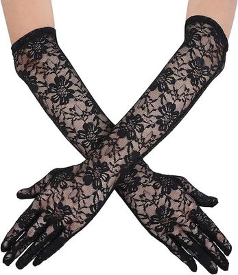 Net Lace Black Gloves for Women Long Floral Wedding Fashion Full Finger Bridal Fashion Lace Net Bridal Party Glove for Women Full Hand Gloves - 1 pair
