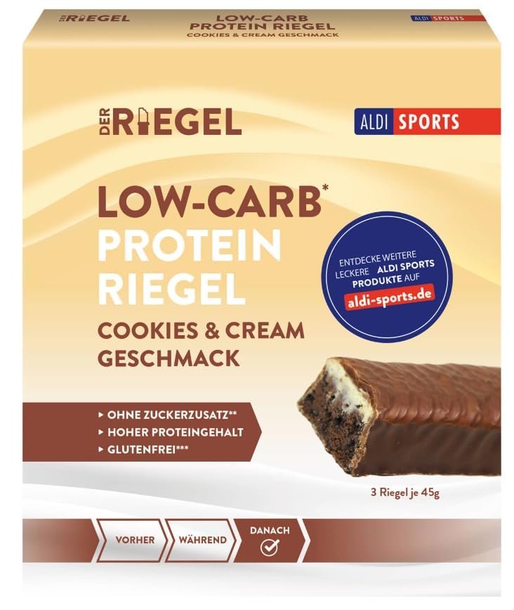 Low-Carb Protein Bar | Cookies & Cream Flavor) | High Protein, No Added Sugar | Gluten-Free | 3 x 45g Bars (Product of Germany)