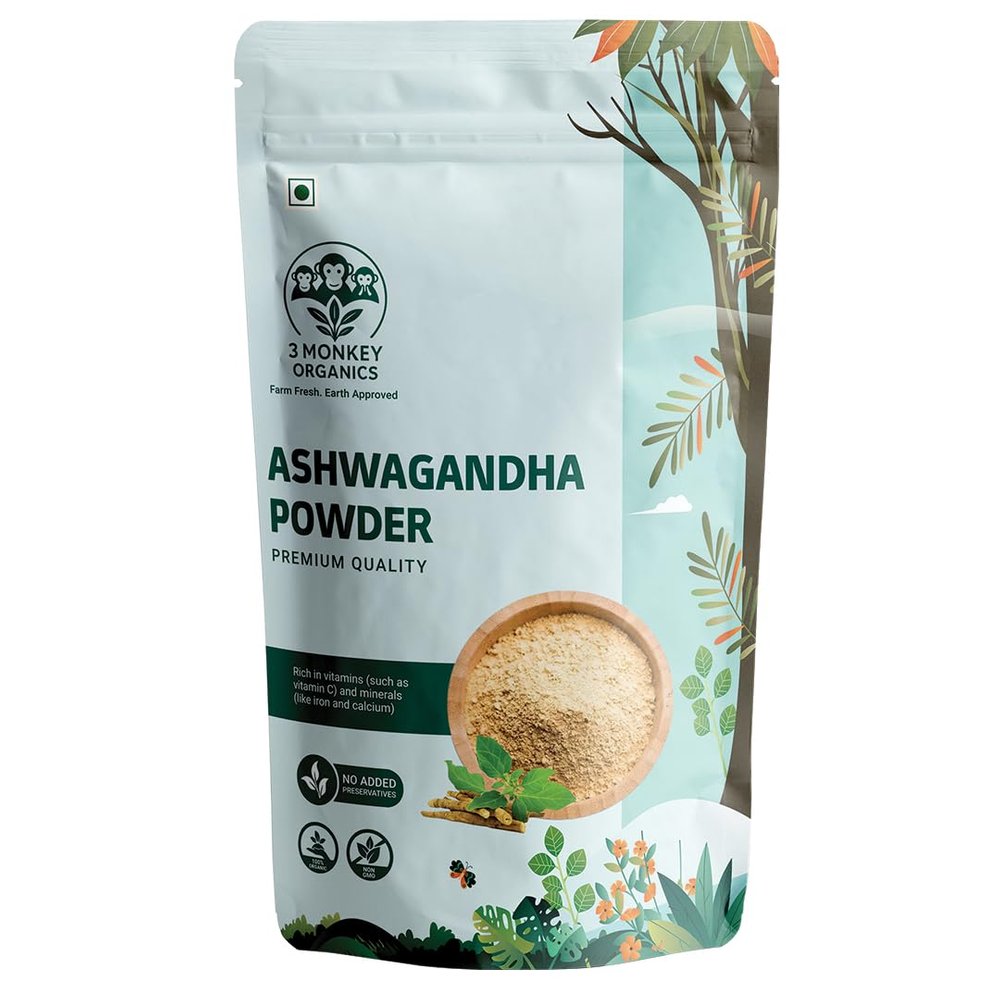 3 Monkey Organics Premium Ashwagandha Powder (150gm)|Pure & Natural | Natural Herbal Supplement | Supports Immunity, Helps Fight Anxiety & Stress