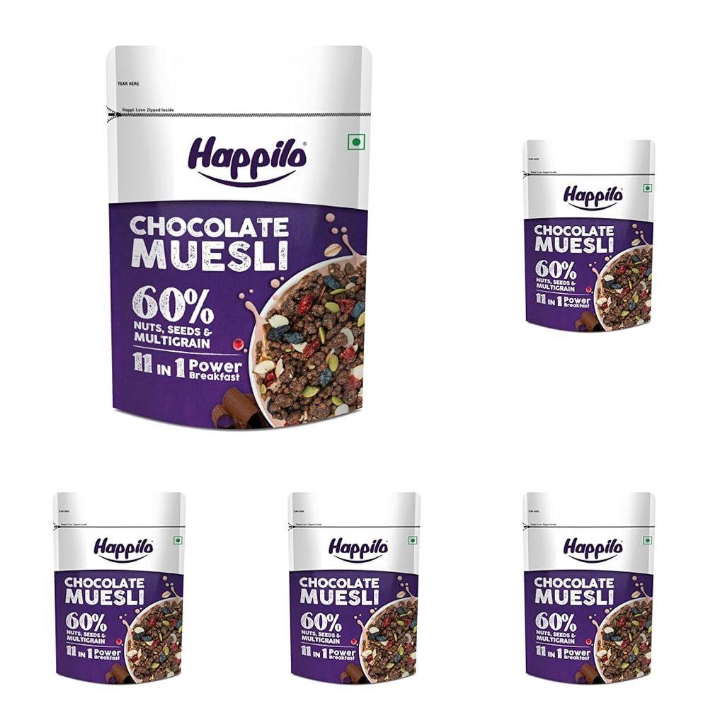 Happilo Chocolate Muesli 450g, 60% Nuts, Seeds and Multigrain, 11 in 1 Power Breakfast, High in Fiber, Protein (Pack of 5)
