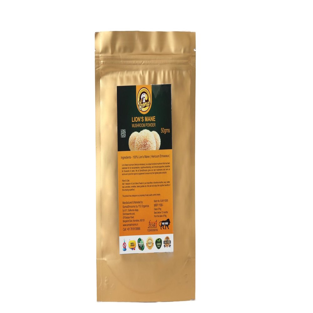SomaShrooms Lion's Mane Powder Dried | Boost Brain & Gut Health | Sharp Focus | Mushroom Powder | Easy to use | High Beta-glucans