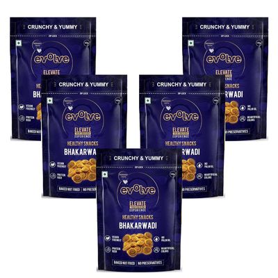 Evolve Baked Bhakarwadi Healthy Snacks for Kids, Adults | Gluten Free, No Artificial Colors or Preservatives, Freshly Made, Ready to Eat, Crunchy Masala Flavor - 100g Pack of 5
